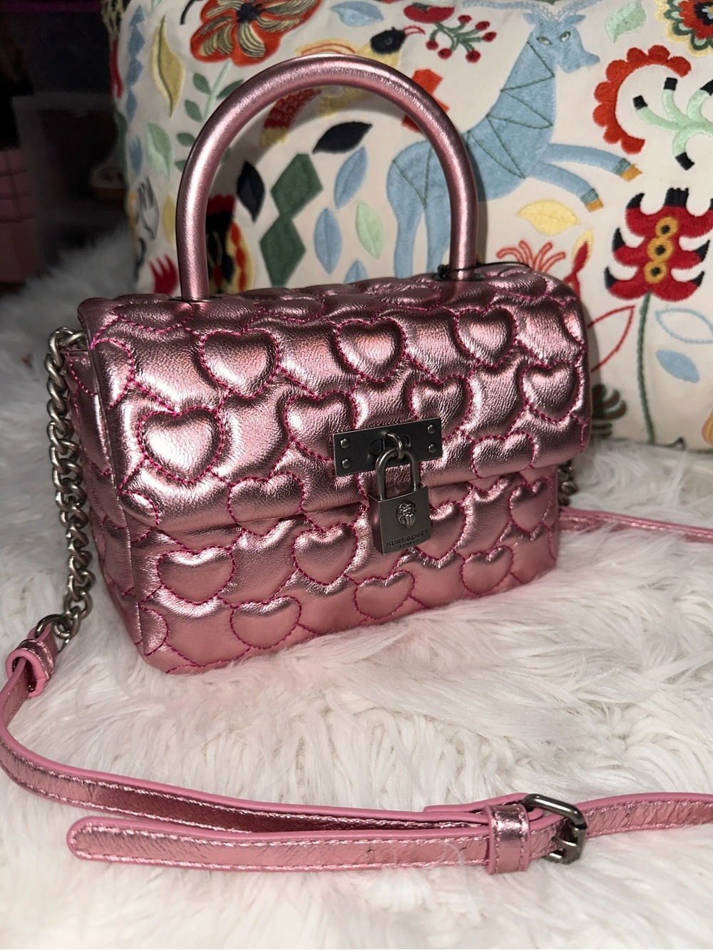 Kurt Geiger • The Brixton Quilted Heart Metallic Leather Top Handle Purse - Picture 3 of 17